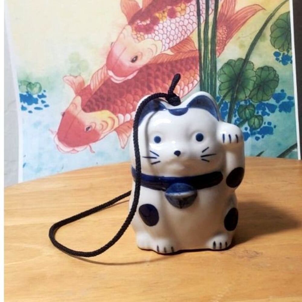 Maneki Neko Japanese Blue And White Lucky Cat Hanging Bell Chime